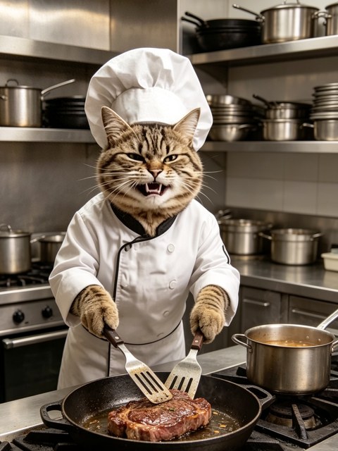 Gordon Meowy searing a steak